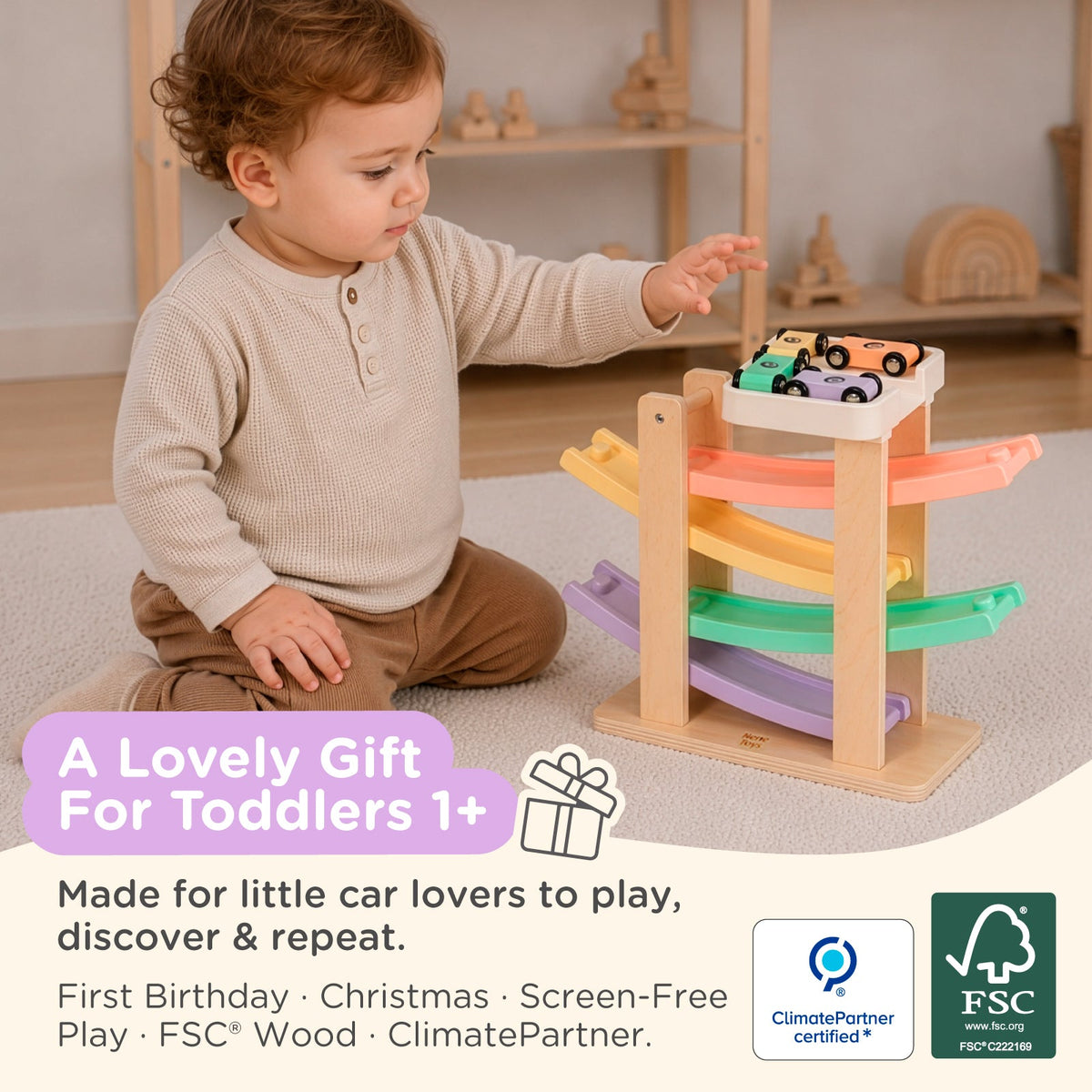 Nene Toys Car Ramp Racer in Sorbet — toddler playing with the four-car ramp
