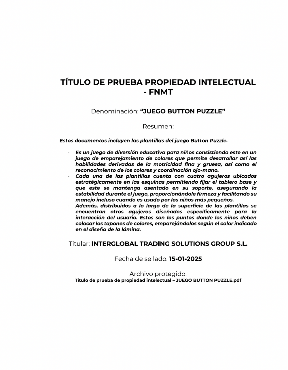 Proof of Time for Registration of Intellectual Property (ES)