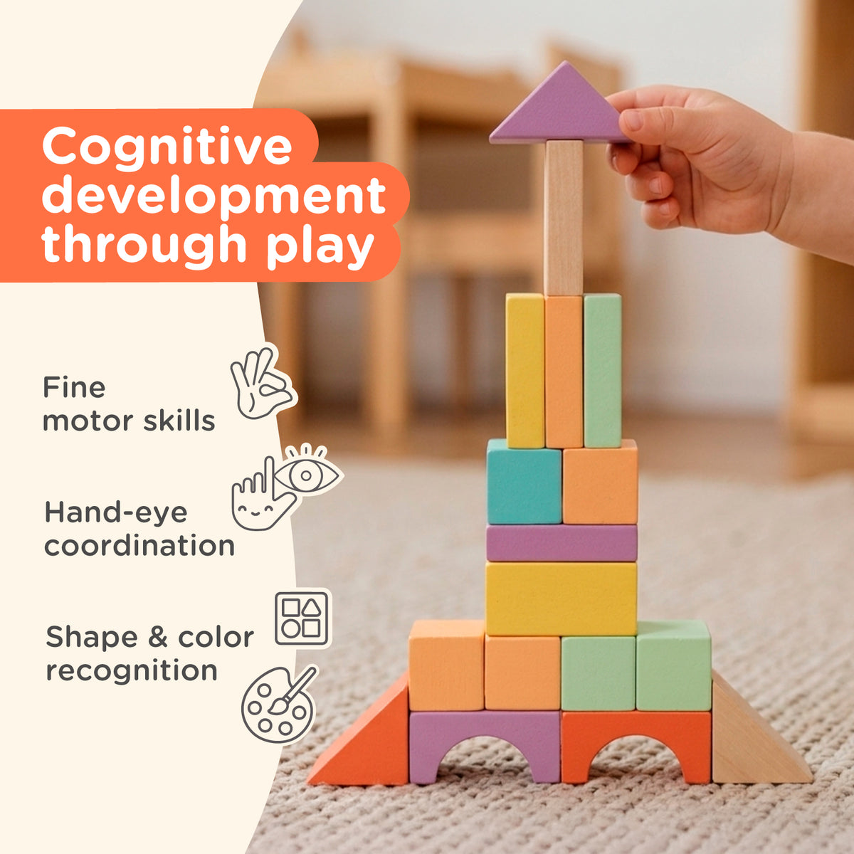 100 Pcs Wooden Building Blocks - Classic Colors — product details