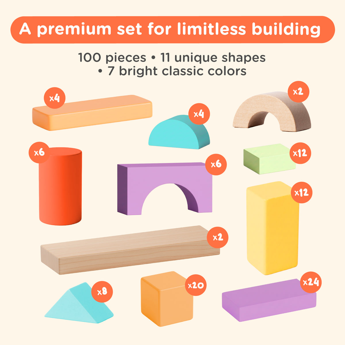 100 Pcs Wooden Building Blocks - Classic Colors — PT02