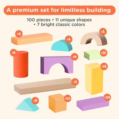 100 Pcs Wooden Building Blocks - Classic Colors — PT02