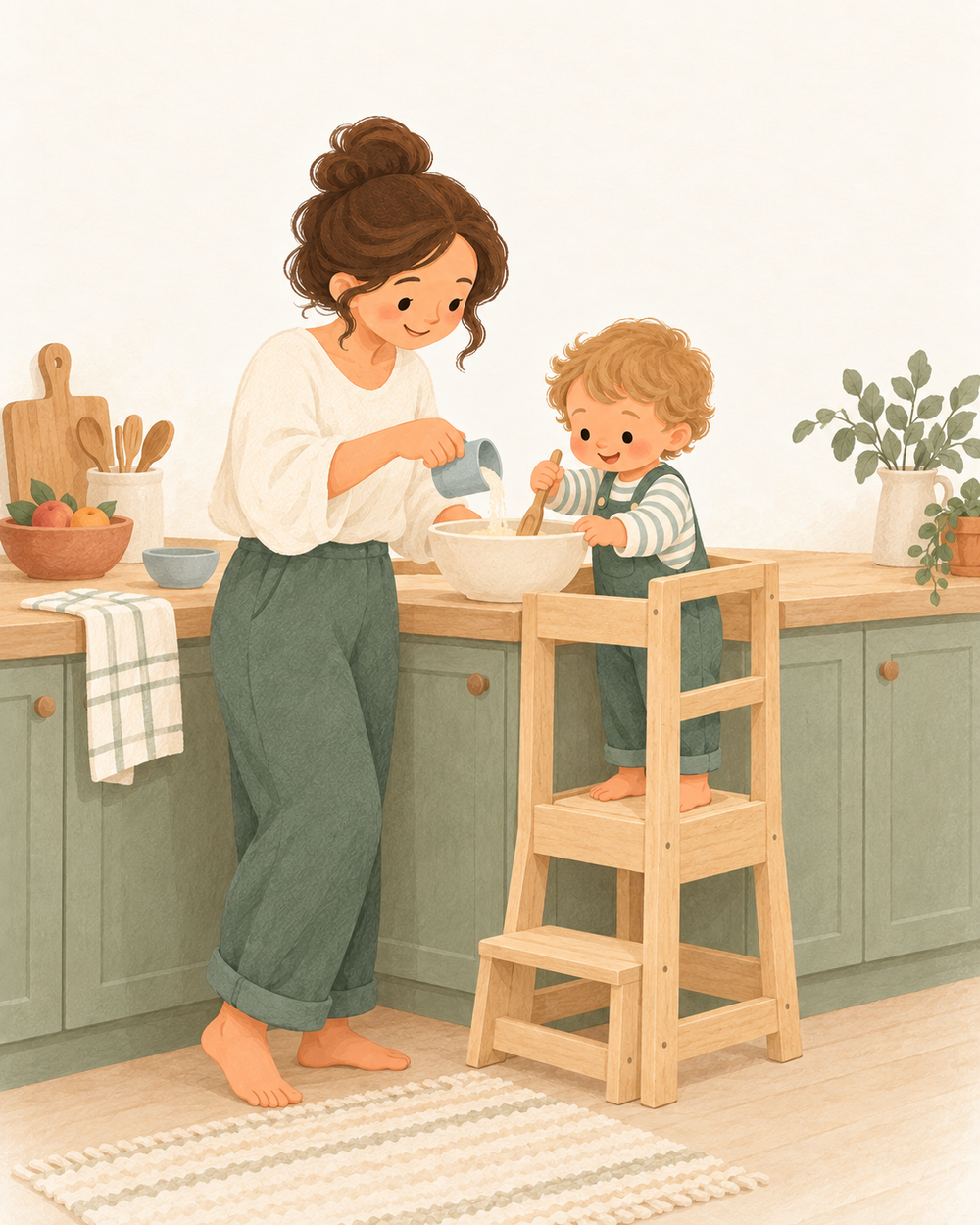 Illustration of a mother and child cooking together with a learning tower.