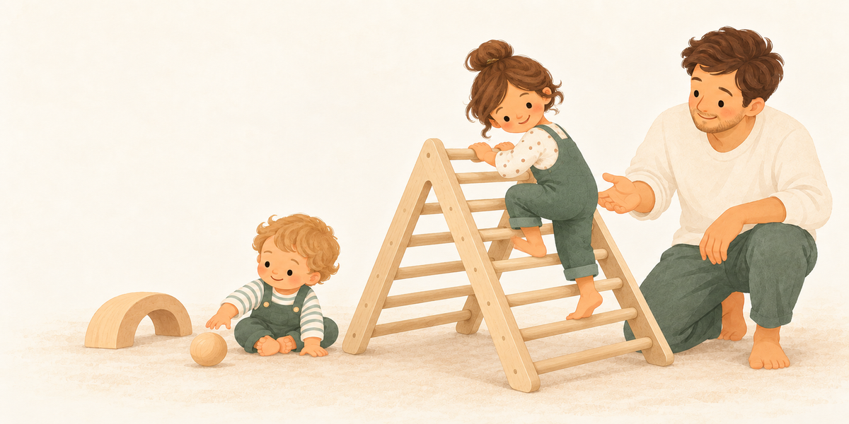 Illustration of a father supporting his daughter on a climbing triangle while a younger child plays nearby.