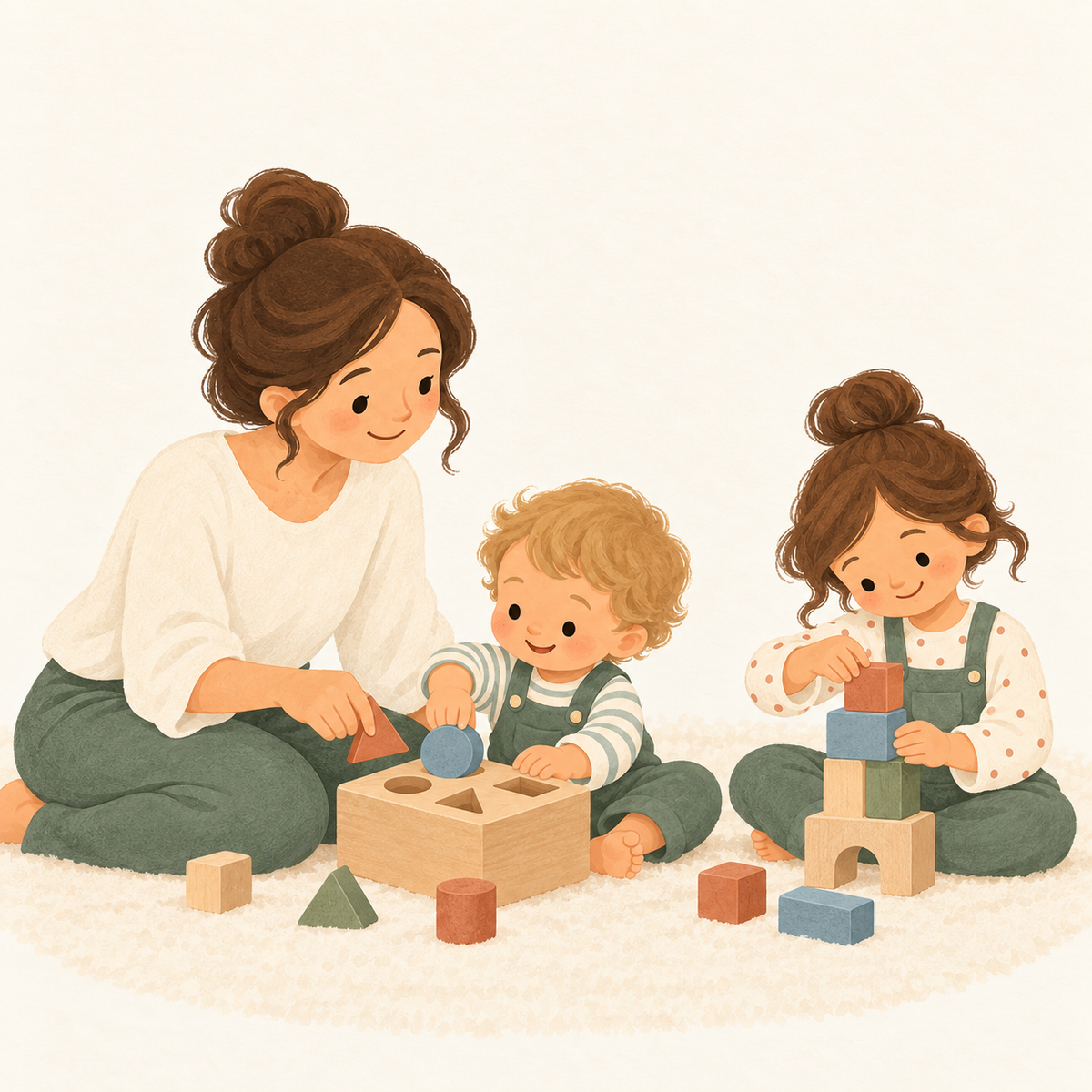 Illustration of a mother and two children exploring shapes and building blocks together.