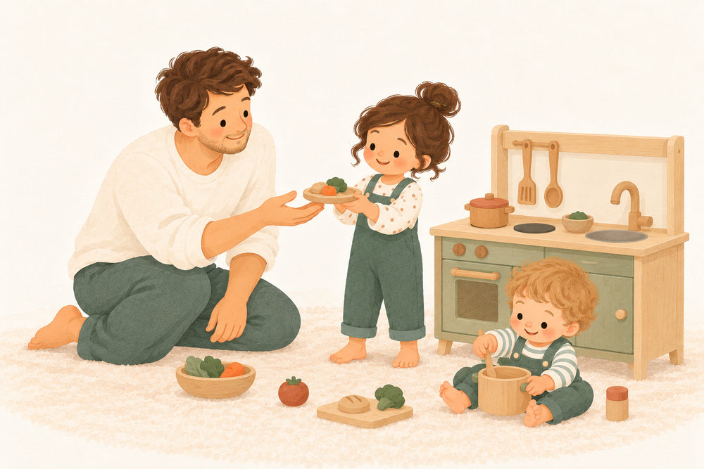 Illustration of two children inviting their father to join in at a play kitchen.