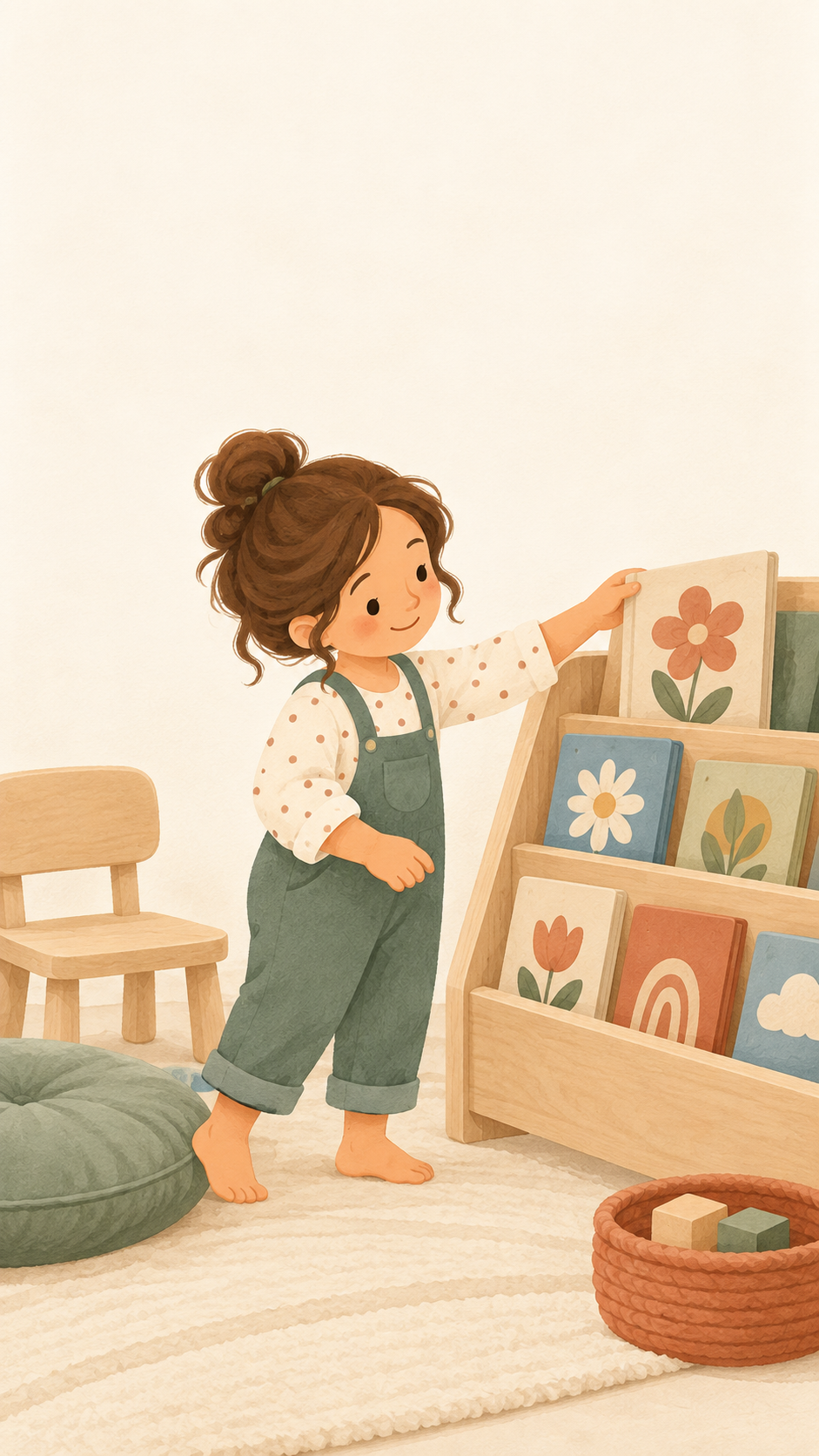 Illustration of a child choosing a book from a shelf at her own height.