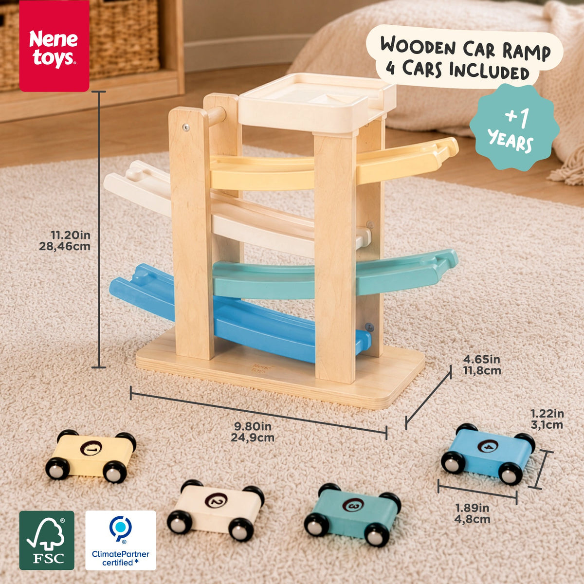 Nene Toys Car Ramp Racer in Ocean — ramp and car dimensions, with four cars included