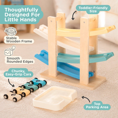 Nene Toys Car Ramp Racer in Ocean — wooden frame, rounded edges, easy-grip cars and top parking area