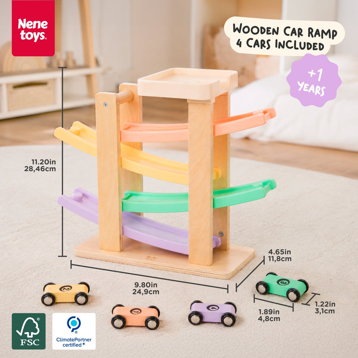 Nene Toys Car Ramp Racer in Sorbet — ramp and car dimensions, with four cars included