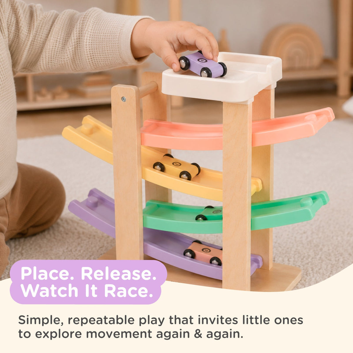 Nene Toys Car Ramp Racer in Sorbet — child placing a car at the top of the ramp
