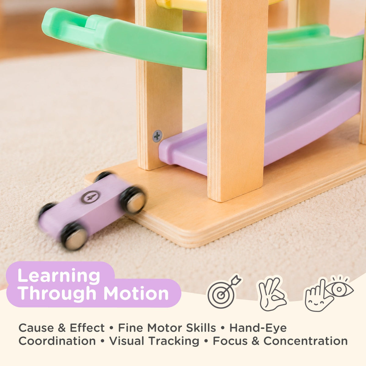 Nene Toys Car Ramp Racer in Sorbet — car moving along the track and learning-through-play details