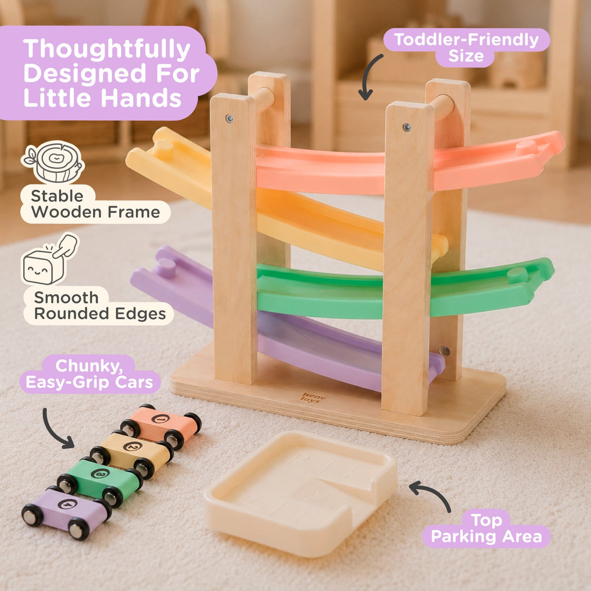 Nene Toys Car Ramp Racer in Sorbet — wooden frame, rounded edges, easy-grip cars and top parking area