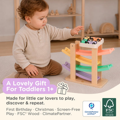 Nene Toys Car Ramp Racer in Sorbet — toddler playing with the four-car ramp
