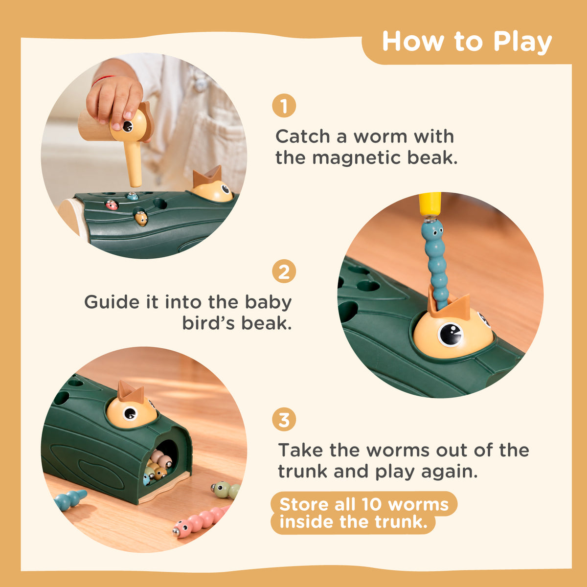 Nene Toys Little Woodpecker Forest Green — how to catch worms and feed the baby bird