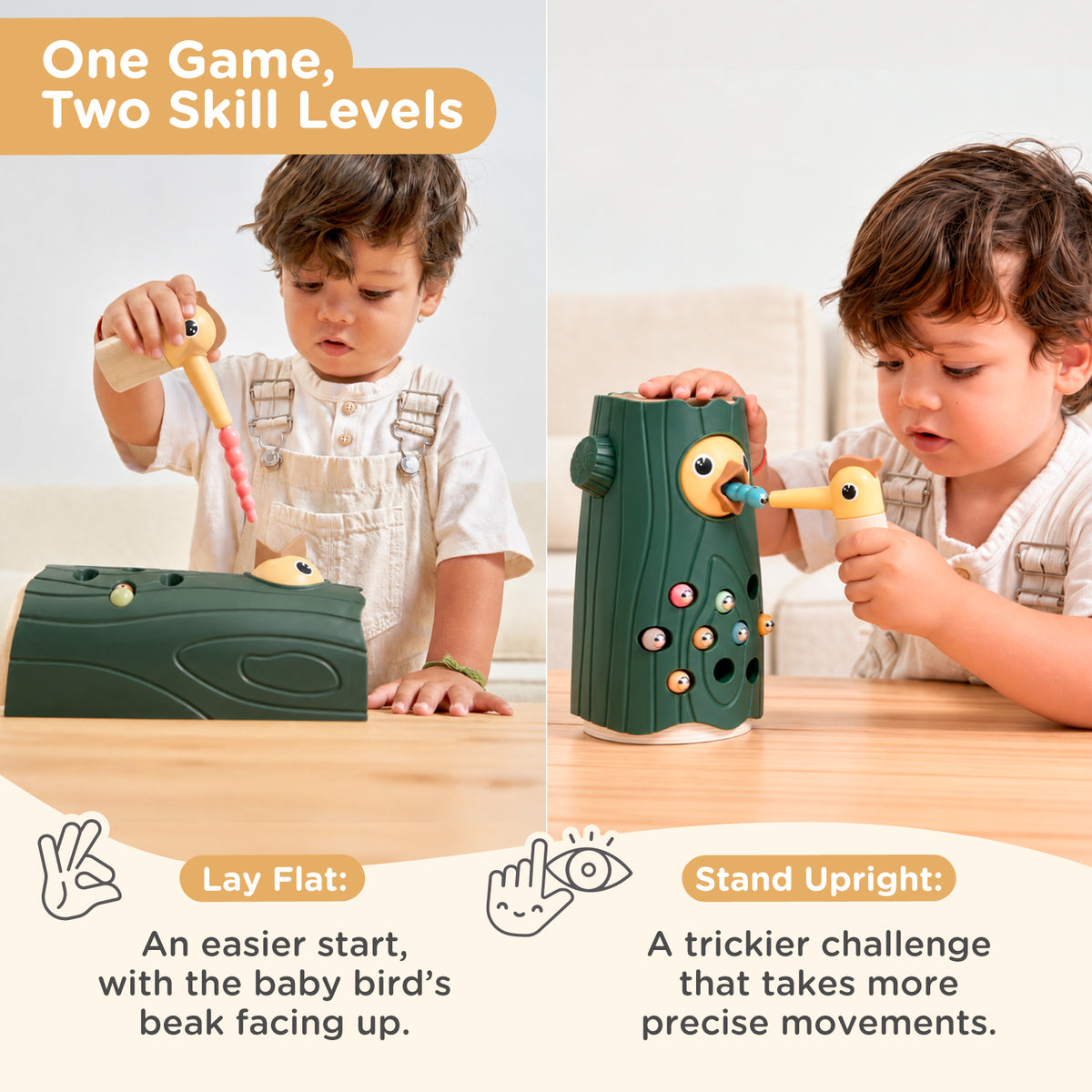 Nene Toys Little Woodpecker Forest Green — two skill levels, laying flat or standing upright