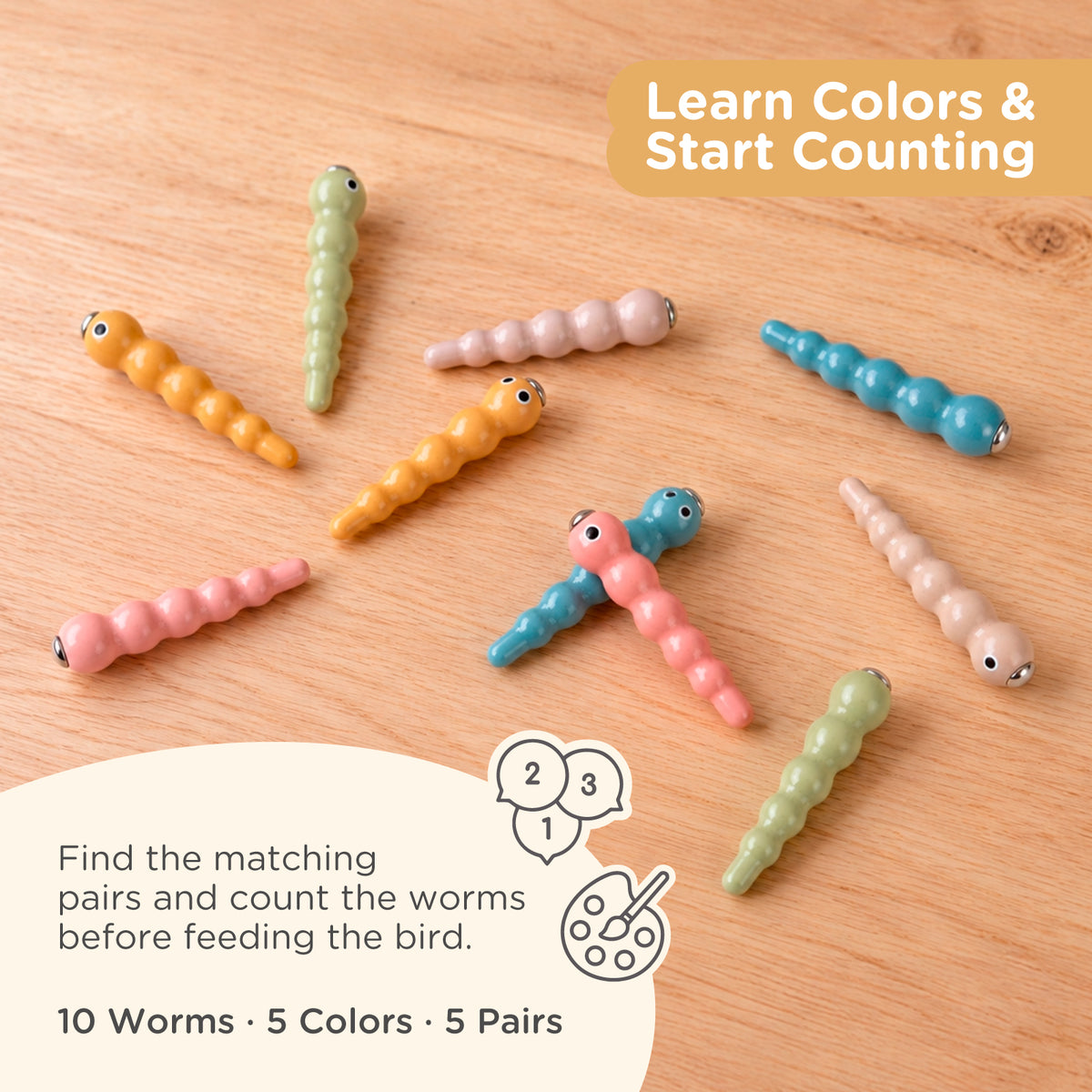 Nene Toys Little Woodpecker Forest Green — matching colors and counting ten worms