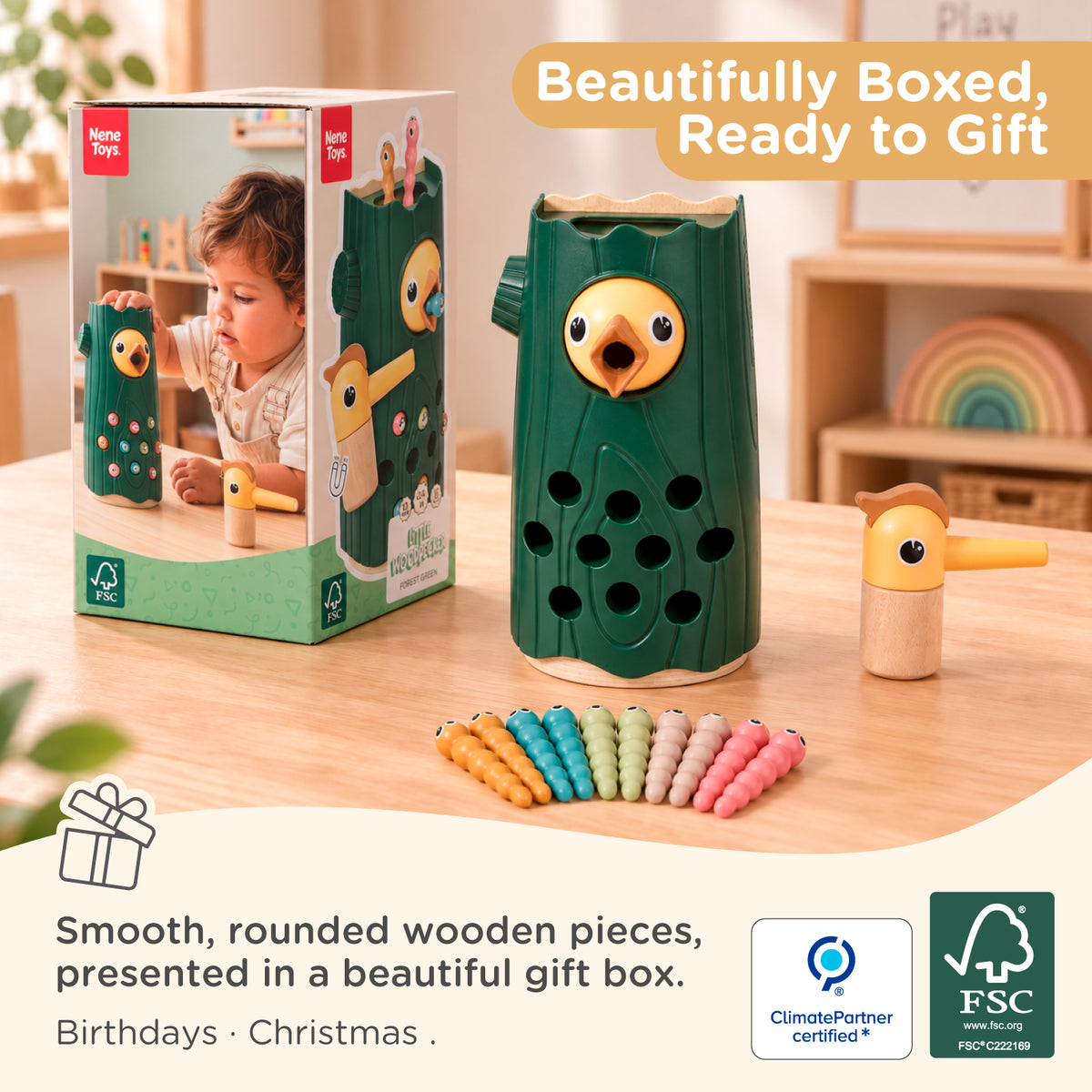 Nene Toys Little Woodpecker Forest Green — gift box and rounded wooden pieces