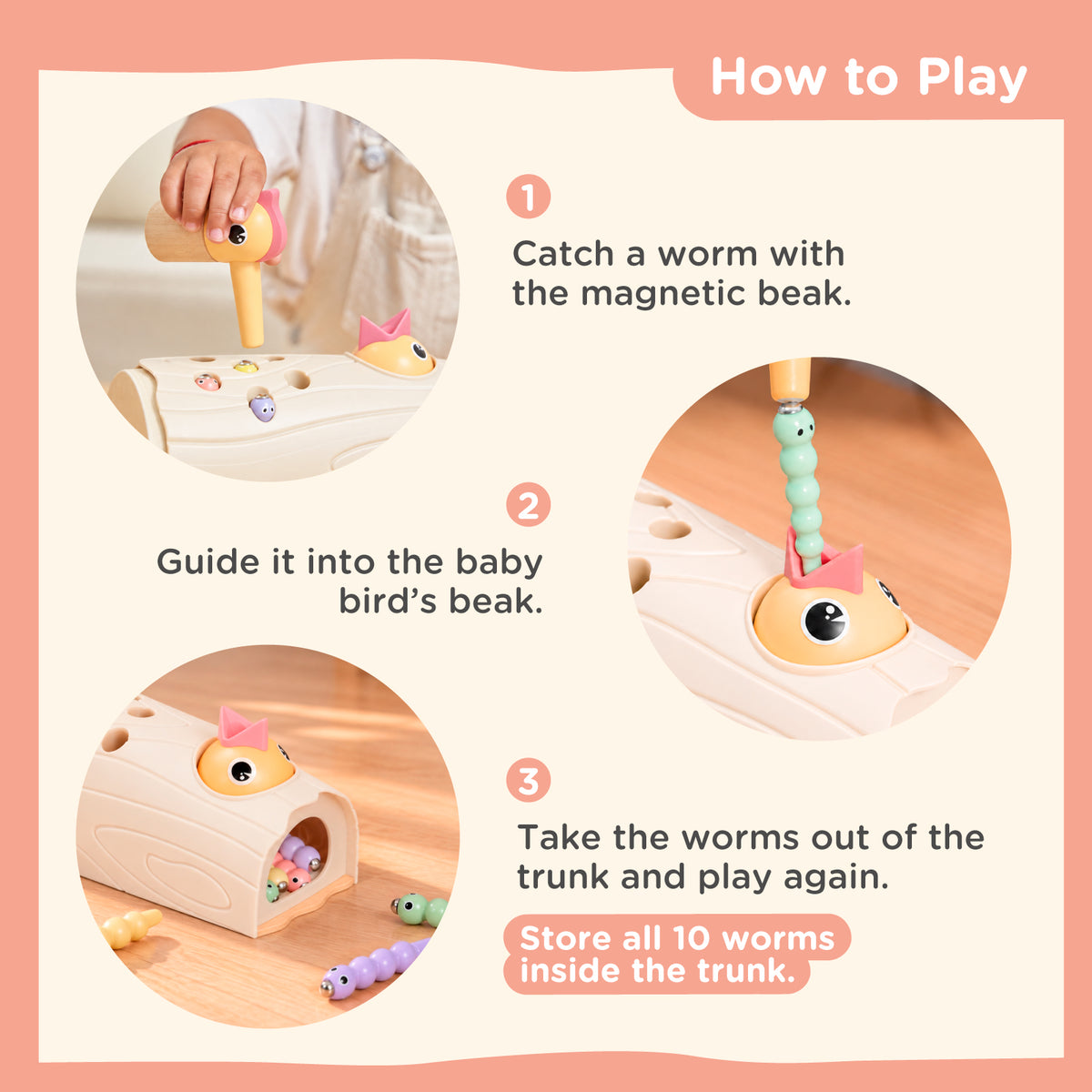 Nene Toys Little Woodpecker Soft Pink — how to catch worms and feed the baby bird