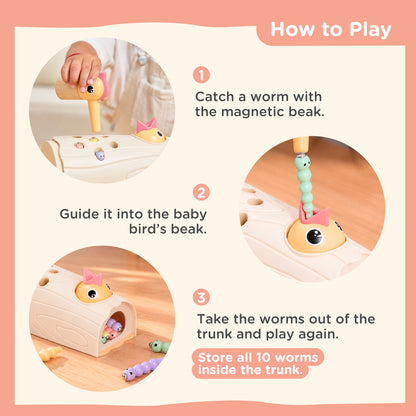 Nene Toys Little Woodpecker Soft Pink — how to catch worms and feed the baby bird