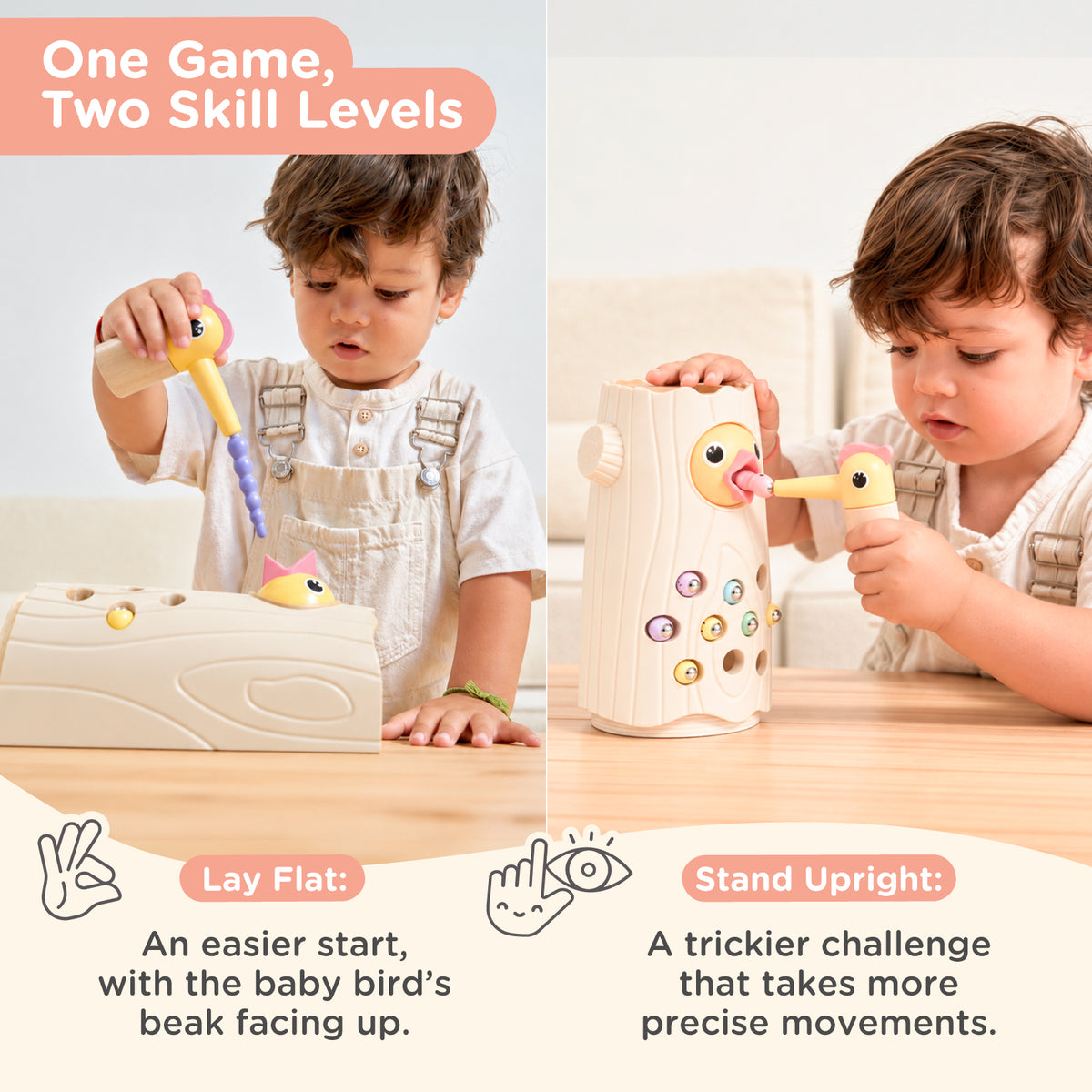 Nene Toys Little Woodpecker Soft Pink — two skill levels, laying flat or standing upright