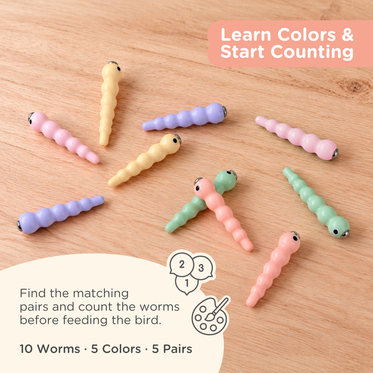 Nene Toys Little Woodpecker Soft Pink — matching colors and counting ten worms